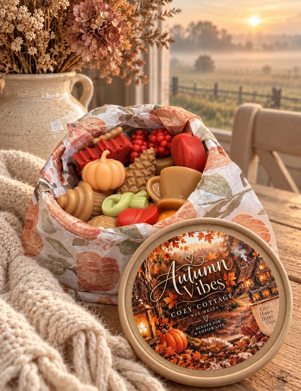 Autumn Vibes waxmelts giftbox van Cozy Cottage Waxmelts met herfst waxmelts in pompoen- en blaadjesvorm naast een waxbrander