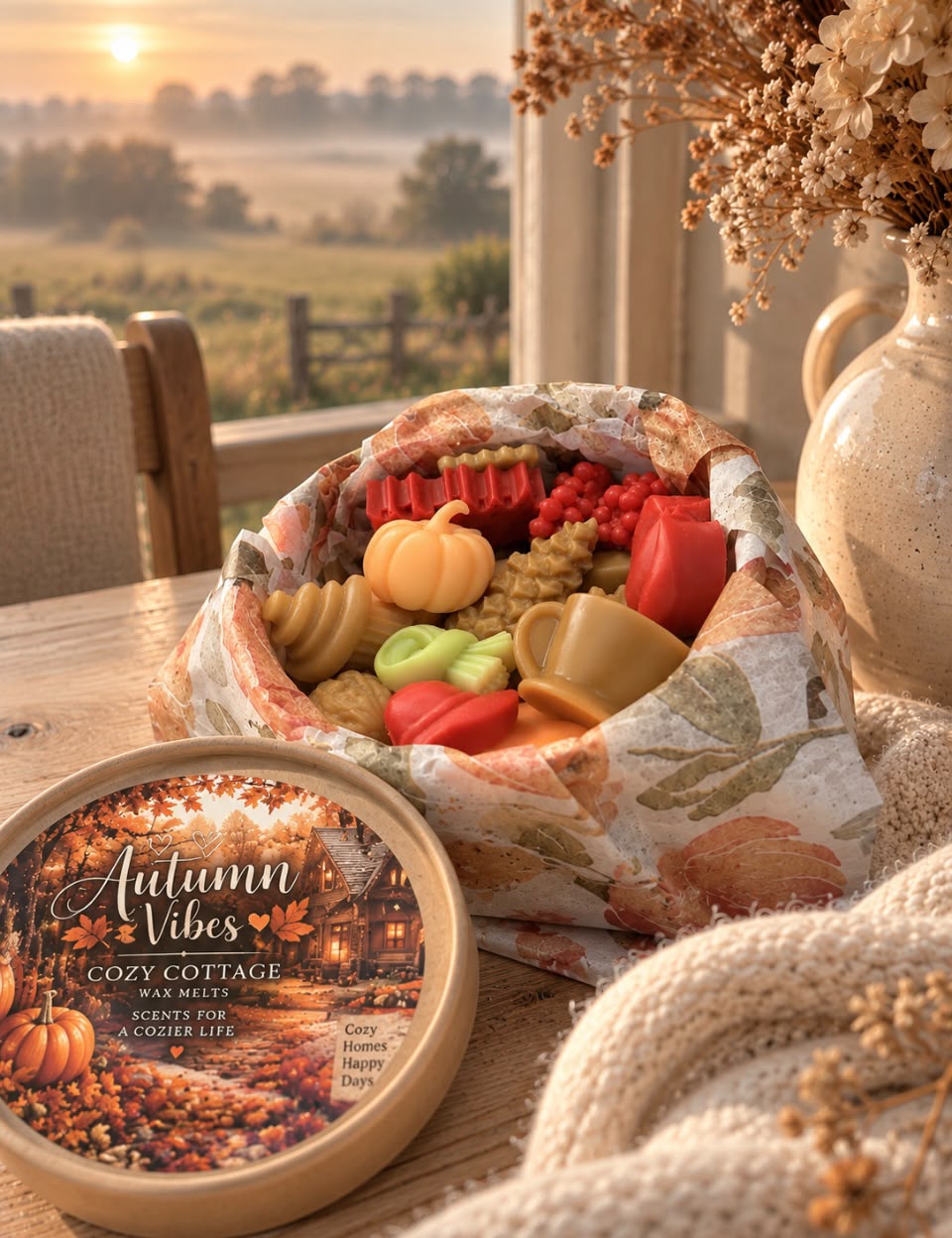 Autumn Vibes waxmelts giftbox van Cozy Cottage Waxmelts met herfst waxmelts in pompoen- en blaadjesvorm naast een waxbrander