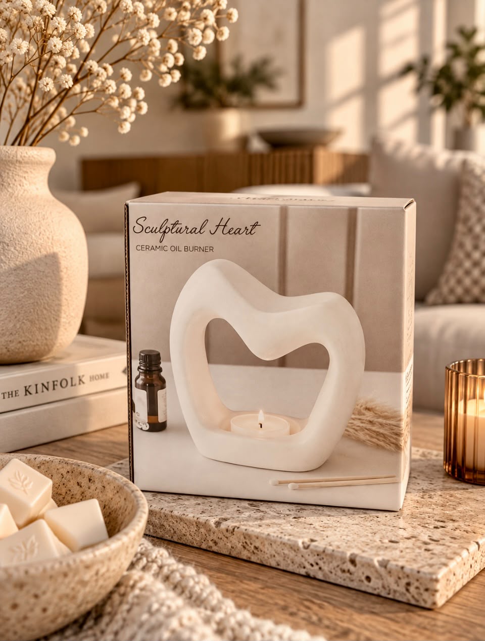 Luxe hartvormige Japandi geurbrander voor waxmelts, stijlvol woonaccessoire met modern design voor een warm, sfeervol en gezellig interieur